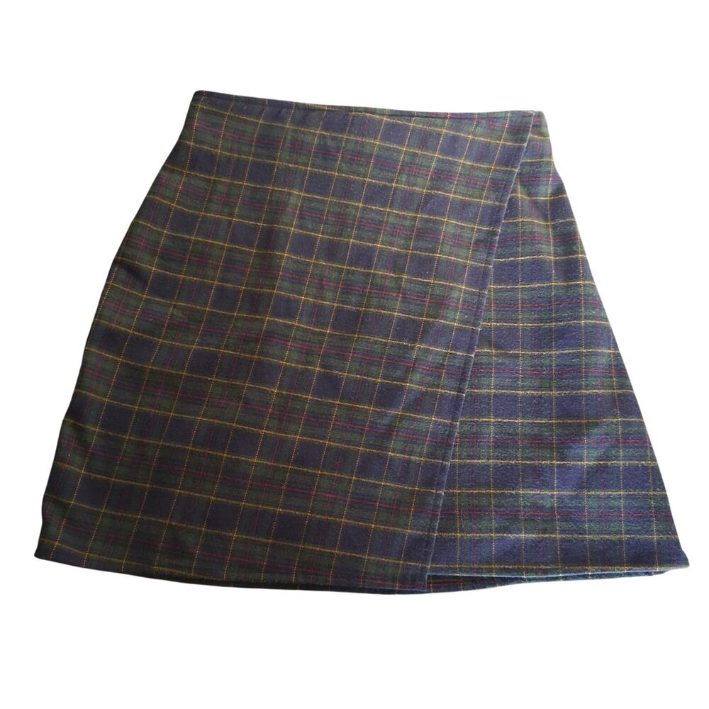 Hollister XS Plaid Faux Wrap Mini Skirt Brown Green Preppy Academia